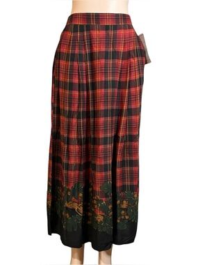 VTG Plaid Pleated Maxi Skirt Sz M Orange Tarten Rayon Fall Autumn Academia